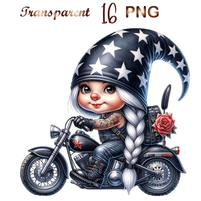 May include: A cartoon illustration of a gnome wearing a blue and white star-patterned hat riding a black motorcycle. The gnome has white hair in a braid and is wearing a black leather jacket and jeans. The motorcycle has a red star on the gas tank and a rose on the back.