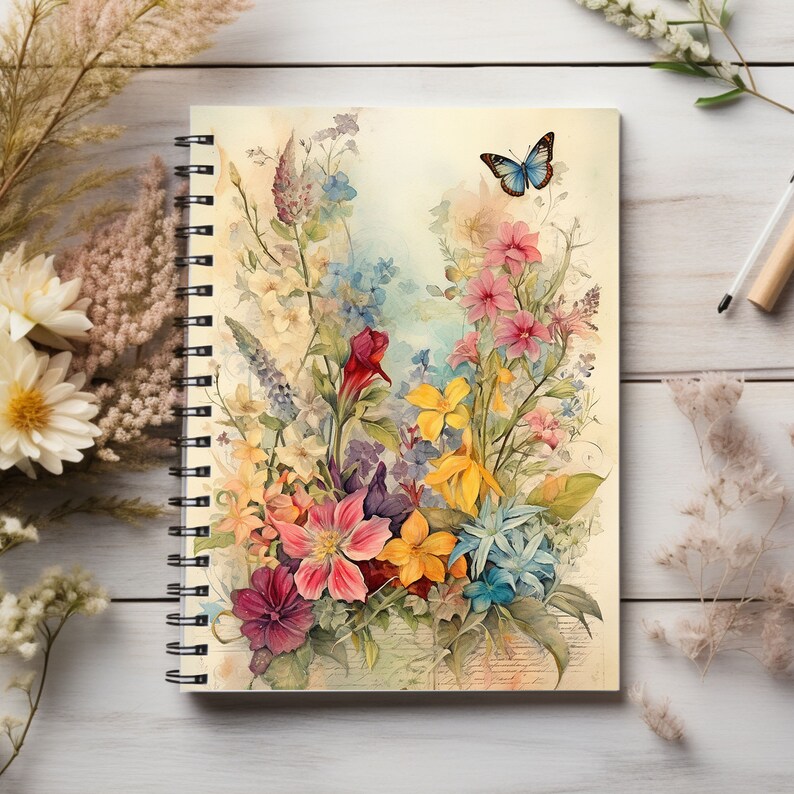 35 Wildflowers Digital Paper Set A4, Spring Flowers Junk Journal Paper ...
