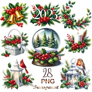 28 PNG Watercolor Holly clipart bundle, Christmas holly bouquet, Holly berry printable, Robin, Cardinal,Jingle bells clipart floral wall art