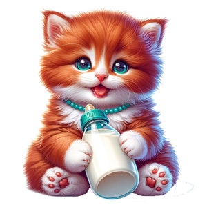 Puede incluir: Un lindo gatito naranja y blanco con ojos azules est&aacute; sentado y sosteniendo una botella de leche. El gatito lleva un collar de cuentas turquesa.