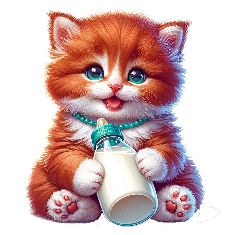 Puede incluir: Un lindo gatito naranja y blanco con ojos azules est&aacute; sentado y sosteniendo una botella de leche. El gatito lleva un collar de cuentas turquesa.
