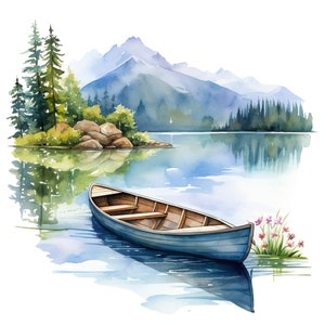 10 Watercolor Canoe in Lake Clipart JPGs, High Quality JPGs, Watercolor Art, Digital Download, Card Making, Mixed Media, Digital Paper Craft