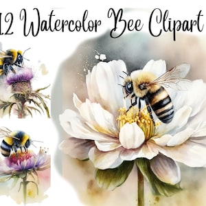12 Watercolor Bee Clipart, Bee on a Flower Clipart, JPGs,Digital Download, Card Making, Mixed Media, Digital Paper Craft, Bumblebee clipart