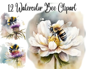 12 Watercolor Bee Clipart, Bee on a Flower Clipart, JPGs,Digital Download, Card Making, Mixed Media, Digital Paper Craft, Bumblebee clipart