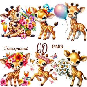 60 PNG Cute Baby Giraffe Clipart Bundle – Watercolor Giraffe Illustrations – Kids Graphic Design – Commercial Use – Instant Digital Download