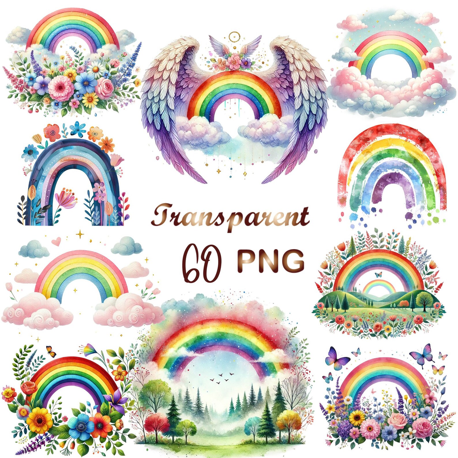 60 PNG, Watercolor Rainbow Clipart Bundle PNG, Rainbow Png, Baby Shower ...