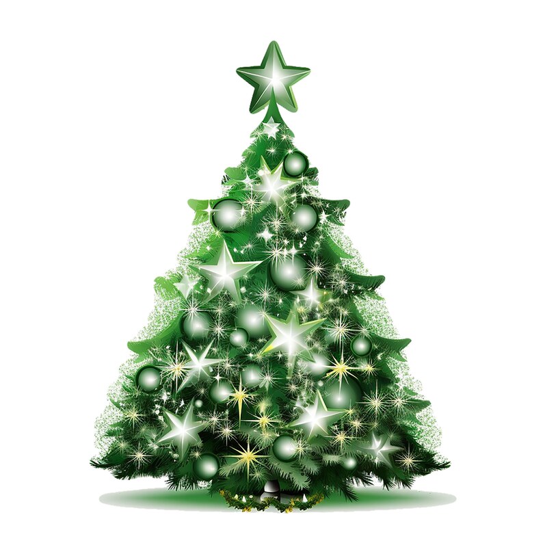 Pode incluir: Uma &aacute;rvore de Natal verde decorada com estrelas prateadas e douradas, enfeites brancos e prateados e luzes brilhantes.
