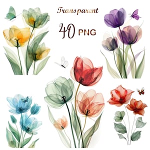 40 PNG, Abstract Tulips Clipart bundle, Tulips Art Print, Printable Watercolor Tulips clipart, Digital download, Paper craft, junk journals