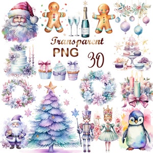 30 Watercolor Pastel Christmas Png Clipart, Christmas tree, Cottagecore Watercolor Winter bundle - Junk Journals Invitations Sublimation etc