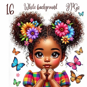 16 JPGs Quirky Black Girl Clipart, Commercial Use, Whimsical Ephemera, Watercolor Flower African Girl Clipart, Instant Download, Paper Craft