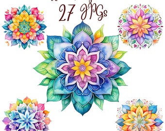 27 Mandala Clipart JPGs, Pastel Mandala spring, Commercial use, Digital Download,Watercolor Clipart,Card Making,Clip Art,Digital Craft