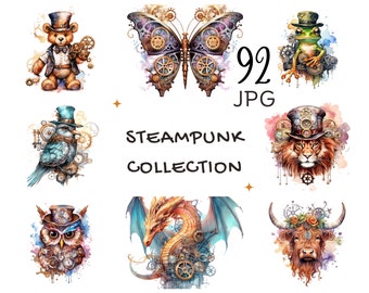 Steampunk Animals Clipart: Watercolor Victorian Animals (Digital Download, Commercial Use)
