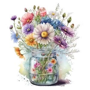 K&ouml;nnte beinhalten: Ein Aquarellbild eines Strau&szlig;es bunter Wildblumen in einem durchsichtigen Glas. Die Blumen umfassen lila, rosa, gelbe und blaue Bl&uuml;ten.