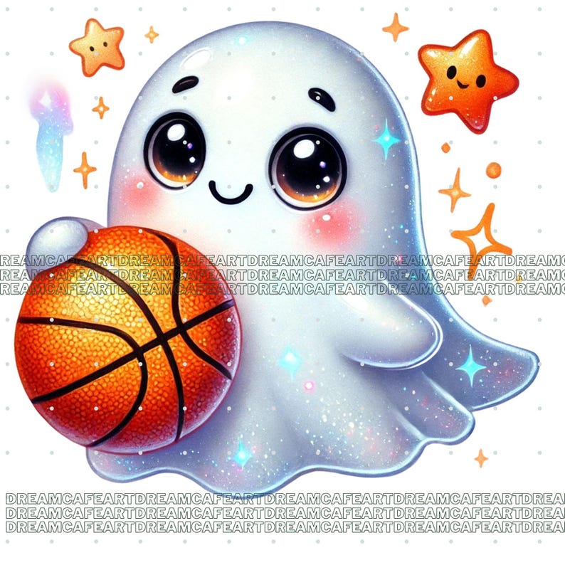 May include: A white ghost with a friendly face holding an orange basketball. The ghost has large, black eyes and a small, pink blush on its cheeks. The background is white with small, sparkly stars.