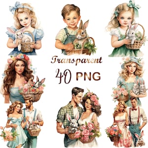 40 Easter retro clipart PNG, easter girl, easter boy, with bunny clipart, watercolor clipart,Spring clipart,farmhouse clipart,Commercial use