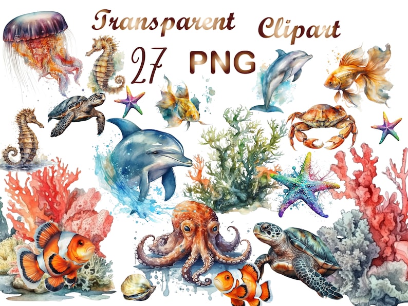 Puede incluir: Ilustraci&oacute;n acuarela de varias criaturas marinas, incluyendo una medusa, un caballito de mar, un delf&iacute;n, un pulpo, una tortuga, una estrella de mar, un cangrejo y coral. La ilustraci&oacute;n est&aacute; en una paleta de colores vibrantes de azules, verdes, naranjas y rojos.