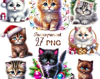 27 PNG, Christmas Kitten clipart bundle, set 1, Xmas Cat Clipart, Holiday, Festive,Xmas Clipart Bundle,Cute Christmas Kitten,Holiday Clipart