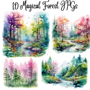 10 Clipart Foresta Magica - JPG di alta qualità - Download digitale - Creazione di biglietti, tecniche miste, artigianato con carta digitale, clipart acquerello, topi carini