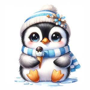May include: A cute cartoon penguin wearing a blue and white striped hat and scarf, holding a chocolate and vanilla ice cream cone. The penguin is sitting on a patch of ice.