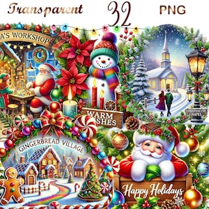 May include: A colorful Christmas scene with a gingerbread village, a snowman, a church, and Santa Claus. The text "Warm Wishes" and "Happy Holidays" are also included.