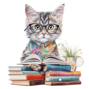 10 Kitten in a library png, Watercolor Kitten clipart, Cat png, Cat Sublimation, Commercial Use, Digital Download, Card Making, Mixed Media