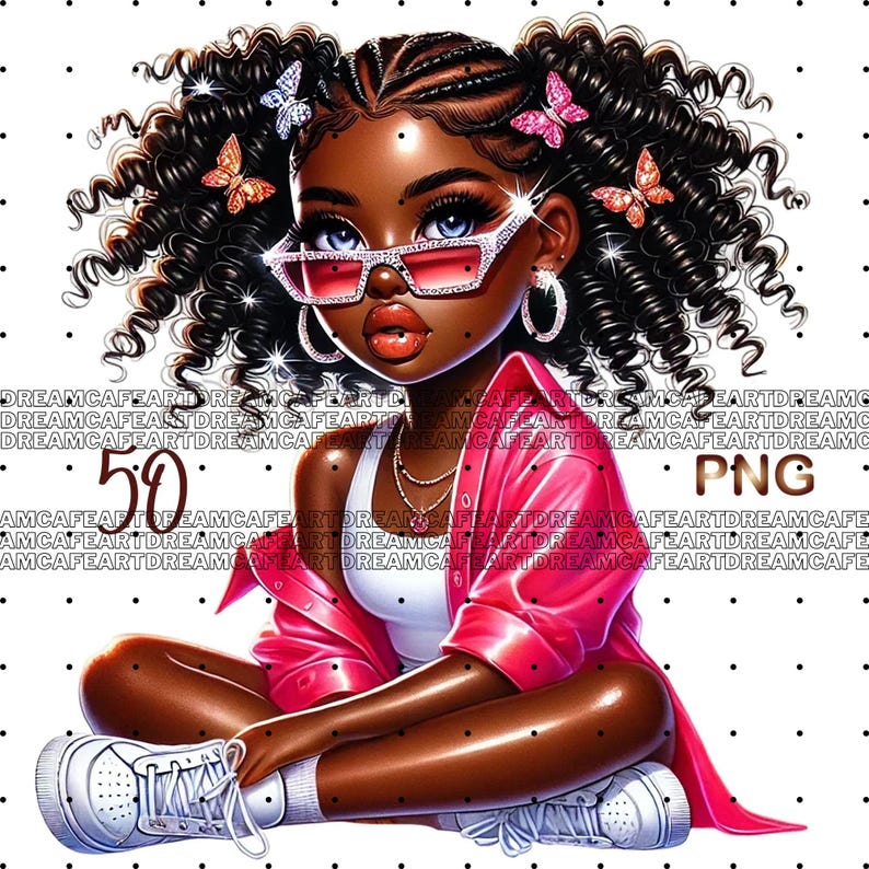 May include: A digital illustration of a young girl with dark brown skin, wearing a pink jacket, white vest top, and white trainers. She has long, curly black hair with braids and butterfly hair clips. She is wearing large, pink-rimmed sunglasses with rhinestones. The background is white with black polka dots.