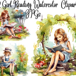 12 Girl Reading Watercolor Clipart ,JPGs, Student Girl Clipart,Girl Reading Book,Bookworm, Learning,Book Lover Clipart Bundle,Commercial Use