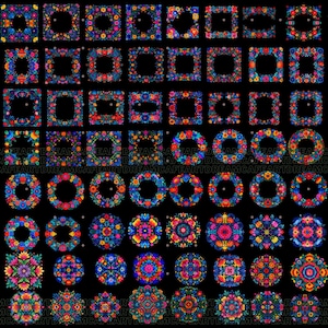 May include: A selection of vibrant floral designs in diverse shapes, including squares, circles, and mandalas. The designs showcase bright flowers in shades of blue, red, orange, and yellow, set against a black backdrop. These decorative elements are suitable for various creative projects.