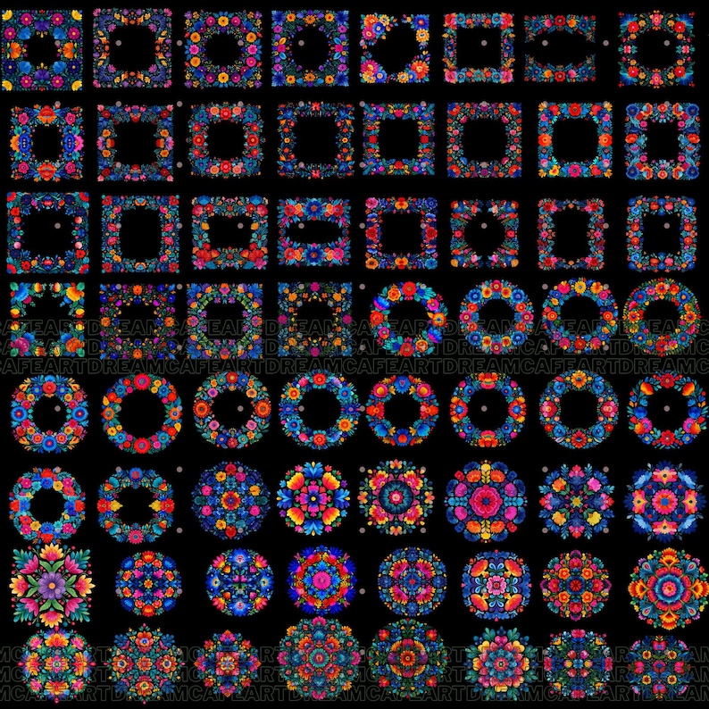 May include: A selection of vibrant floral designs in diverse shapes, including squares, circles, and mandalas. The designs showcase bright flowers in shades of blue, red, orange, and yellow, set against a black backdrop. These decorative elements are suitable for various creative projects.