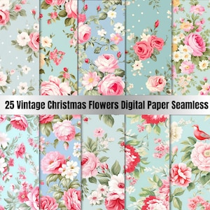 25 fleurs de Noël vintage sans couture en papier numérique, coutures de fond floral de Noël, toile de fond Shik vintage de Noël, téléchargement Junk Journal