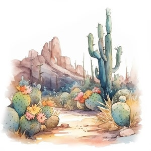 Puede incluir: Pintura acuarela de un paisaje des&eacute;rtico con un cactus alto en el centro. El cactus es verde y tiene muchas espinas. Hay cactus m&aacute;s peque&ntilde;os y otras plantas del desierto en el fondo. El cielo es azul y hay monta&ntilde;as en la distancia.