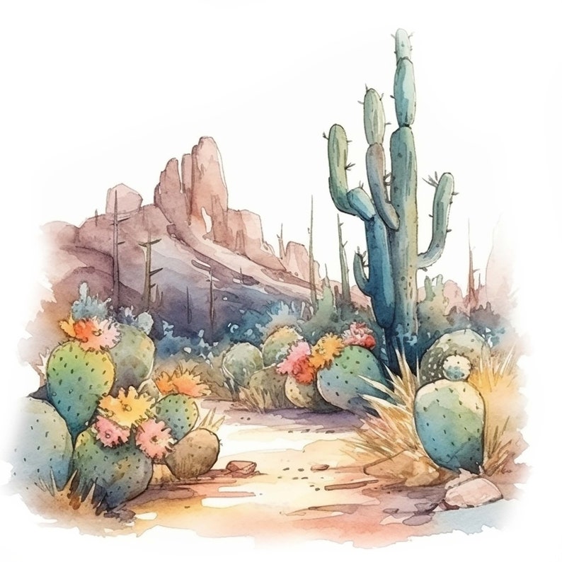 Puede incluir: Pintura acuarela de un paisaje des&eacute;rtico con un cactus alto en el centro. El cactus es verde y tiene muchas espinas. Hay cactus m&aacute;s peque&ntilde;os y otras plantas del desierto en el fondo. El cielo es azul y hay monta&ntilde;as en la distancia.
