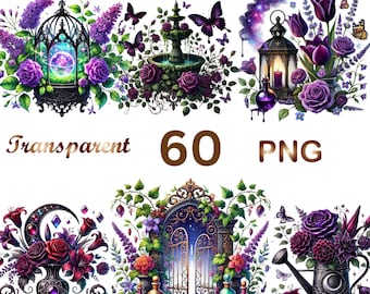 60 PNG Gothic Botanical Clipart Bundle |Goth Garden PNG Clipart | Dark Floral, Witchy, Vintage | Digital Download