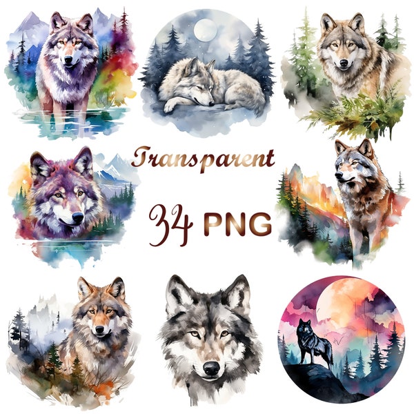 34 Wolf Clipart Bundle PNG, Aquarell Wolf PNG, Polar Wolf Pack SVG für kommerzielle Nutzung, sofortiger digitaler Download