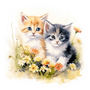 May include: A watercolour painting of two kittens with blue eyes, surrounded by yellow and orange wildflowers. One kitten is ginger and white, the other is grey, black, and white. The artwork has a soft, dreamy quality.