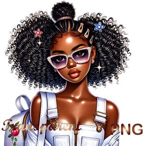 May include: A digital illustration of a young Black girl with curly hair, wearing a white jumpsuit, sunglasses, and hair accessories. She is carrying a backpack.