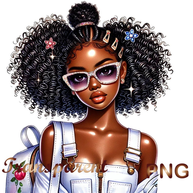 May include: A digital illustration of a young Black girl with curly hair, wearing a white jumpsuit, sunglasses, and hair accessories. She is carrying a backpack.