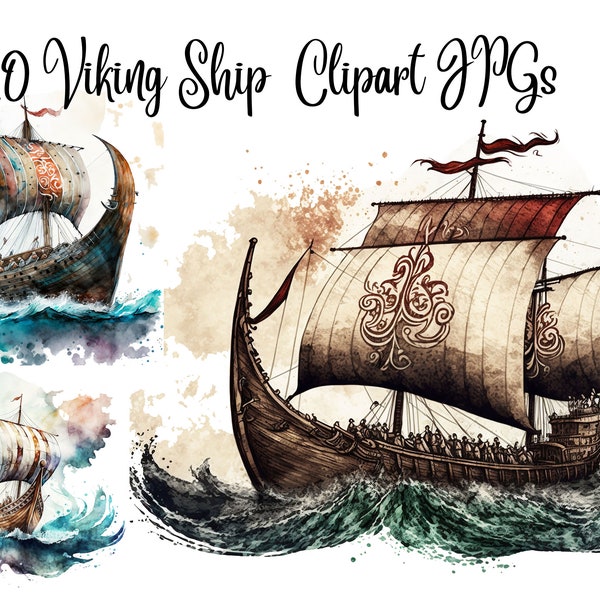10 Viking Ship Clipart, JPGs, Digital Download, Commercial Use, Mixed Media, Digital Paper Craft, Watercolor clipart,  Viking Ship