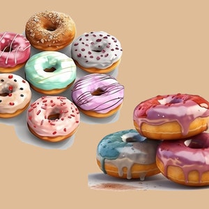 May include: A selection of colourful doughnuts with various toppings, including sprinkles, chocolate and frosting. Some doughnuts are stacked on top of one another.
