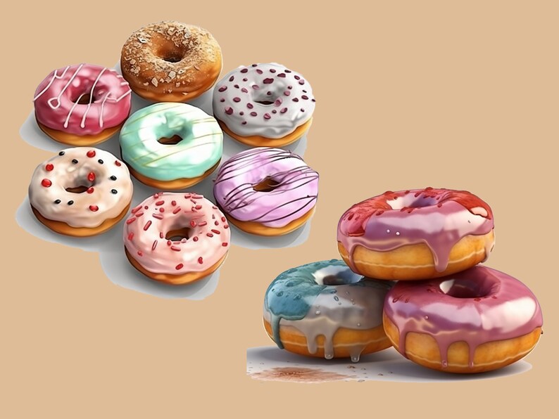 May include: A selection of colourful doughnuts with various toppings, including sprinkles, chocolate and frosting. Some doughnuts are stacked on top of one another.