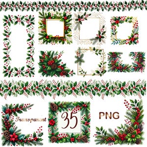 May include: A set of 35 transparent PNG images featuring holly and berry wreaths, borders, and corner designs. The images are ideal for adding a festive touch to your digital projects.