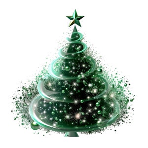 Pode incluir: Uma &aacute;rvore de Natal verde com uma estrela dourada no topo. A &aacute;rvore est&aacute; decorada com luzes brancas e bolas verdes. A &aacute;rvore est&aacute; sobre um fundo branco.