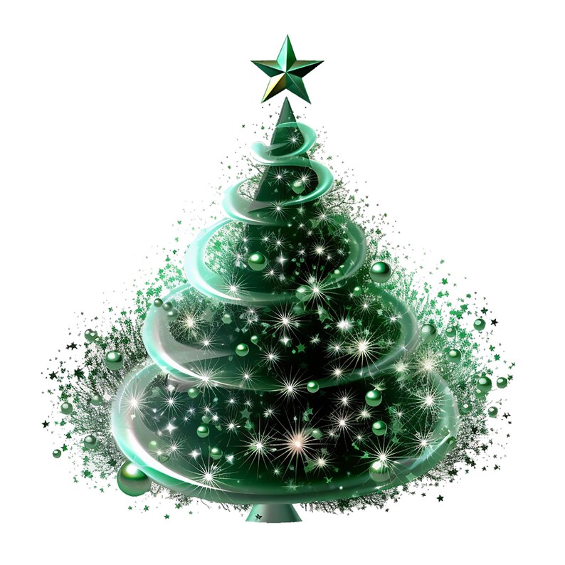 Pode incluir: Uma &aacute;rvore de Natal verde com uma estrela dourada no topo. A &aacute;rvore est&aacute; decorada com luzes brancas e bolas verdes. A &aacute;rvore est&aacute; sobre um fundo branco.