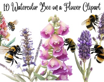 10 Watercolor Bee Clipart, Bee on a Flower Clipart, JPGs,Digital Download, Card Making, Mixed Media, Digital Paper Craft, Bumblebee clipart