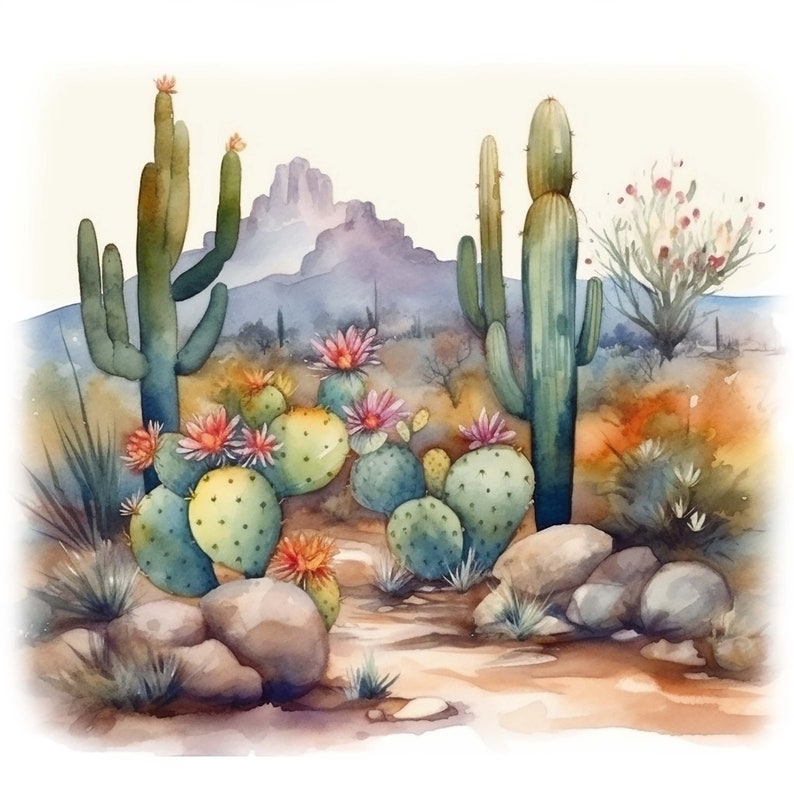 Puede incluir: Pintura acuarela de un paisaje des&eacute;rtico con cactus, incluyendo un cactus saguaro alto, cactus de chumbera y un cactus cholla en flor. La pintura presenta una cordillera en el fondo y un primer plano rocoso.