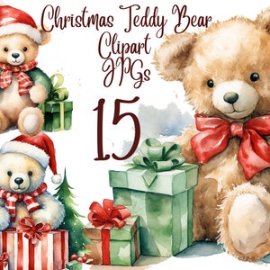 15 JPGs, Christmas Teddy Bear Clipart, High Quality, Digital Planner, Paper crafts, Watercolor, Teddy bear, Teddy Bear, Cute Teddy bear