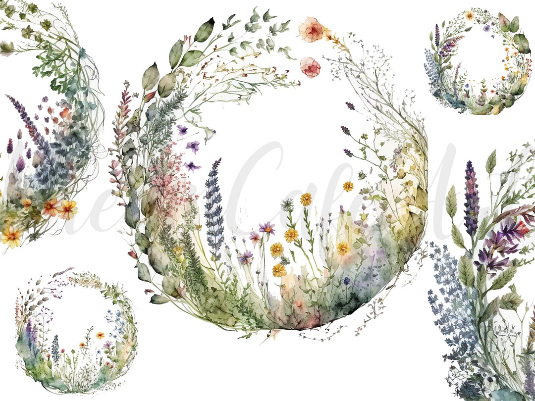 8 Wildflower Wreath Clipart, Jpgs, Digital Crafting, Paper Crafts, Cute