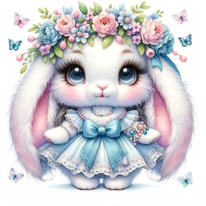May include: A white bunny with pink ears and a blue dress. The bunny is wearing a flower crown with pink, blue, and white flowers. The bunny has large blue eyes and a pink nose.