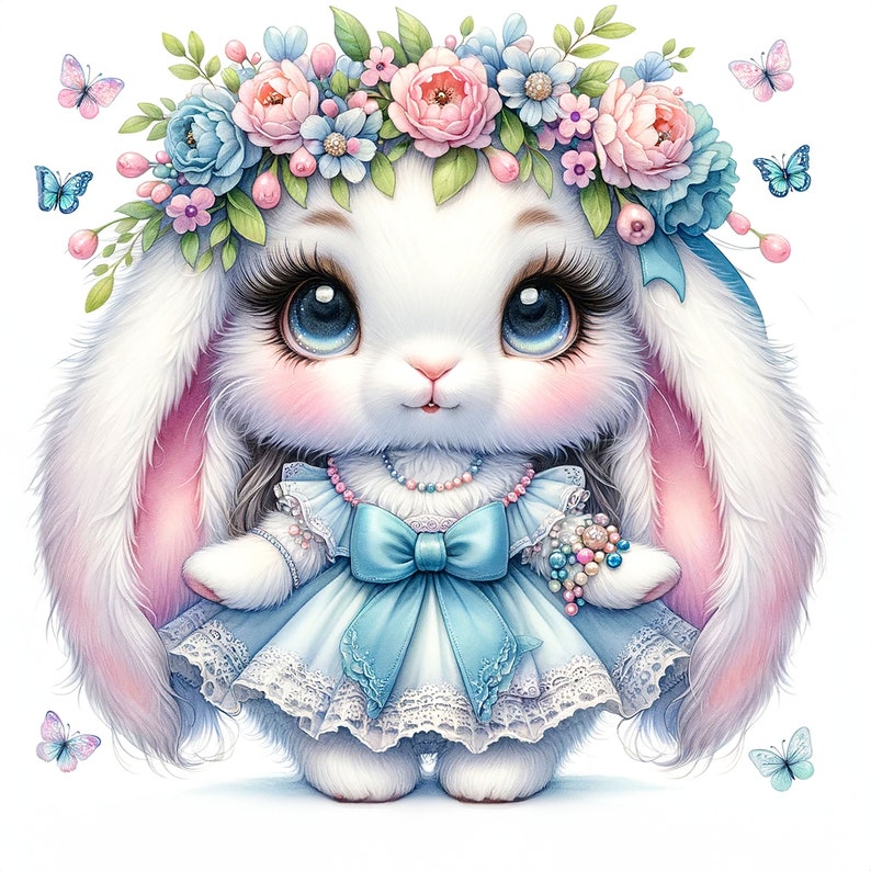 May include: A white bunny with pink ears and a blue dress. The bunny is wearing a flower crown with pink, blue, and white flowers. The bunny has large blue eyes and a pink nose.