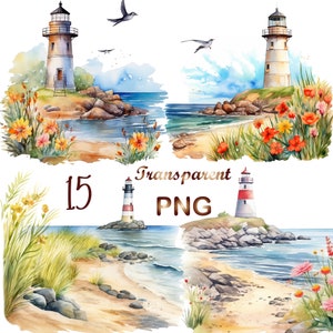 May include: Four watercolor illustrations of lighthouses on rocky shores with blue water and flowers. The lighthouses are white with red stripes and red roofs. The flowers are red, yellow, and orange. The text "Transparent PNG" and the number "15" are also included in the image.